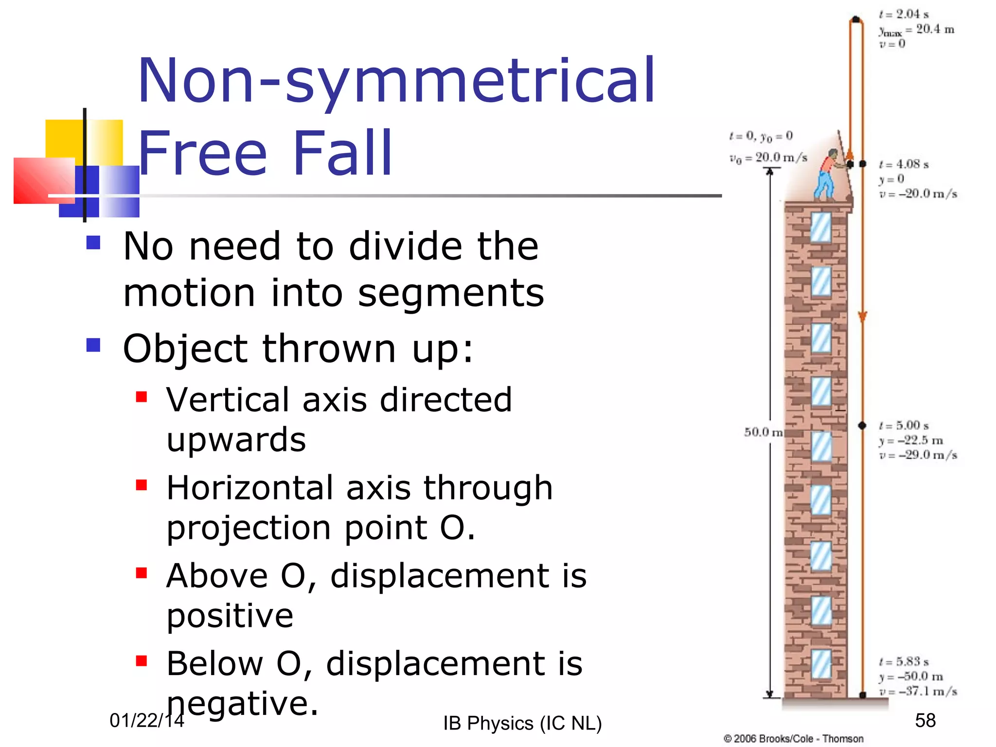 Non-symmetrical
Free Fall




No need to divide the
motion into segments
Object thrown up:
Vertical axis directed
upwards
 Horizontal axis through
projection point O.
 Above O, displacement is
positive
 Below O, displacement is
negative.
01/22/14
IB Physics (IC NL)


58

 