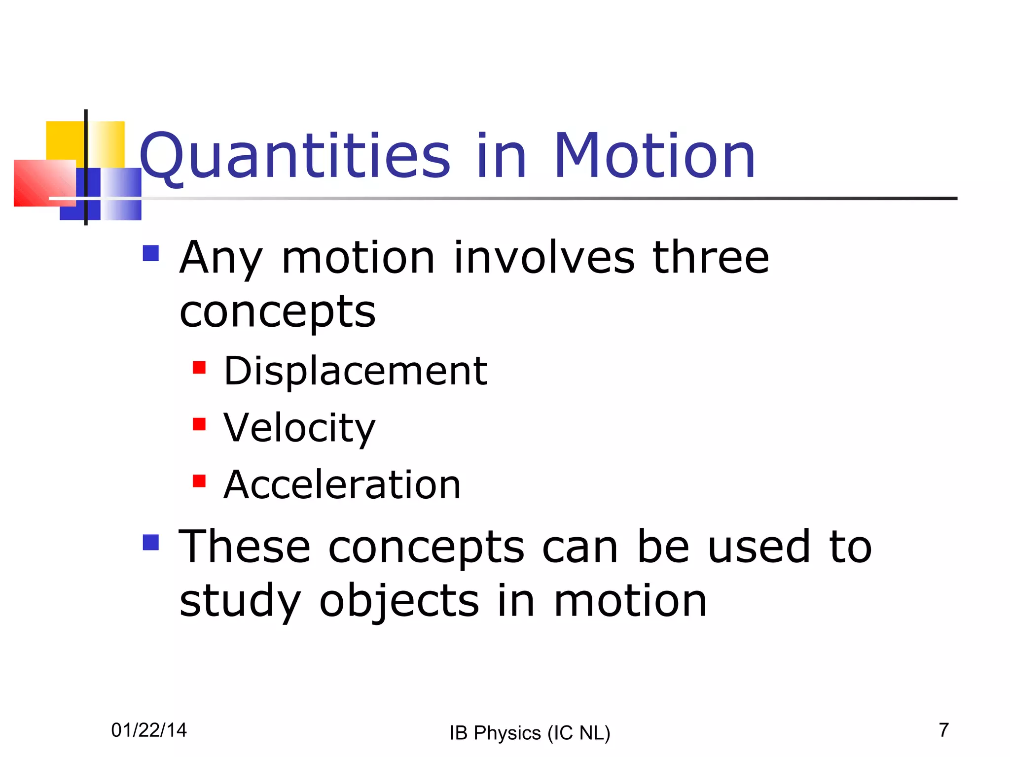 Quantities in Motion


Any motion involves three
concepts






Displacement
Velocity
Acceleration

These concepts can be used to
study objects in motion

01/22/14

IB Physics (IC NL)

7

 