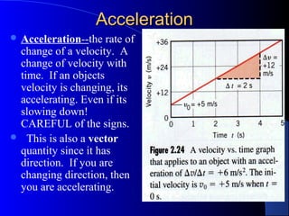 AccelerationAcceleration
 Acceleration--the rate of
change of a velocity. A
change of velocity with
time. If an objects
velocity is changing, its
accelerating. Even if its
slowing down!
CAREFUL of the signs.
 This is also a vector
quantity since it has
direction. If you are
changing direction, then
you are accelerating.
 