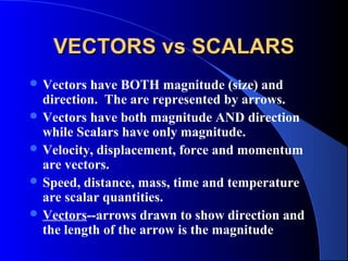 VECTORS vs SCALARSVECTORS vs SCALARS
 Vectors have BOTH magnitude (size) and
direction. The are represented by arrows.
 Vectors have both magnitude AND direction
while Scalars have only magnitude.
 Velocity, displacement, force and momentum
are vectors.
 Speed, distance, mass, time and temperature
are scalar quantities.
 Vectors--arrows drawn to show direction and
the length of the arrow is the magnitude
 