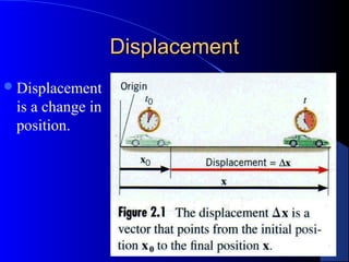 DisplacementDisplacement
Displacement
is a change in
position.
 
