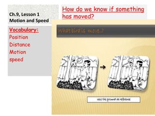 Ch.9, Lesson 1
Motion and Speed
How do we know if something
has moved?
Vocabulary:
Position
Distance
Motion
speed
3
 
