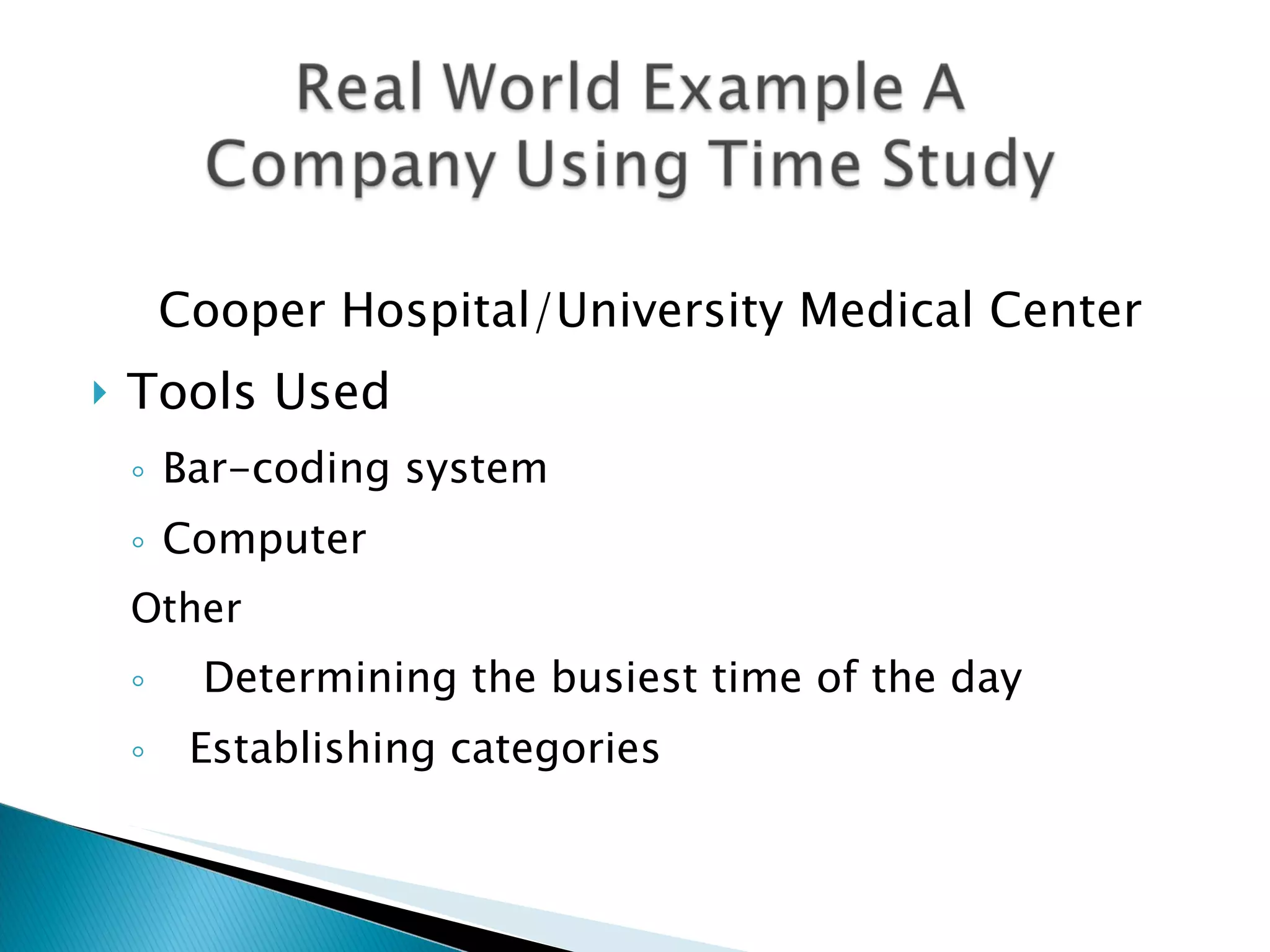Cooper Hospital/University Medical Center Tools Used Bar-coding system Computer  Other Determining the busiest time of the day Establishing categories 