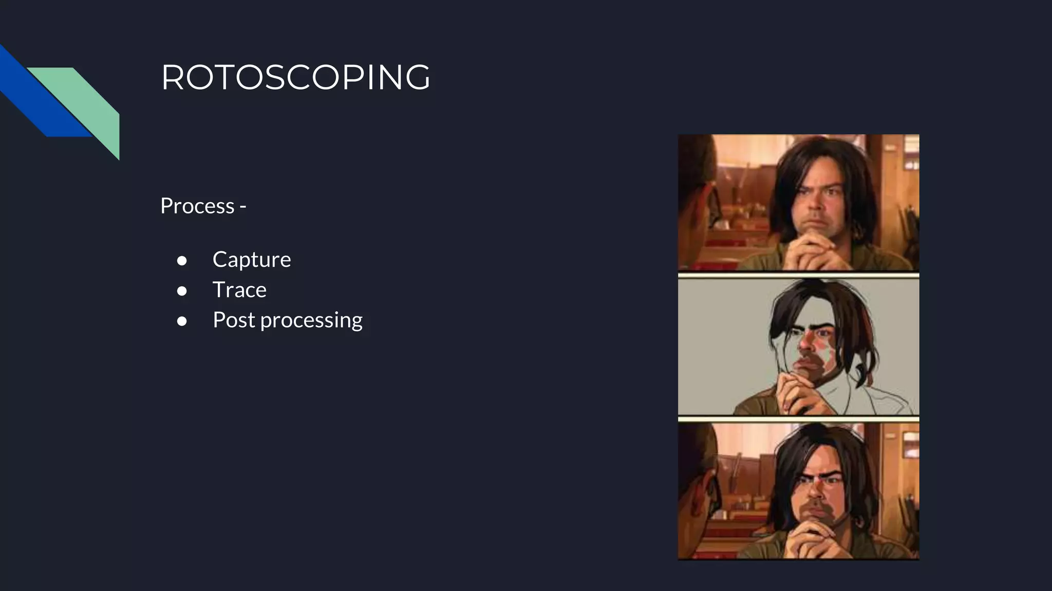 ROTOSCOPING
Process -
● Capture
● Trace
● Post processing
 