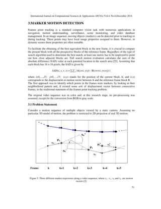 International Journal on Computational Sciences & Applications (IJCSA) Vol.4, No.6,December 2014
51
3.MARKER MOTION DETECTION
Feature point tracking is a standard computer vision task with numerous applications in
navigation, motion understanding, surveillance, scene monitoring, and video database
management. In an image sequence, moving objects (markers) can be detected prior to tracking or
during tracking. These points may have local image properties assigned to them. However, in
dynamic scenes these properties are often unstable.
To facilitate the obtaining of the best equivalent block in the new frame, it is crucial to compare
the present block with all the prospective blocks of the reference frame. Regardless of the type of
search algorithm used to determine the best match, at least one metric has to be employed to point
out how close adjacent blocks are. Full search motion evaluation calculates the sum of the
absolute difference (SAD) value at each potential location in the search area [25]. Assuming that
each block has 16 × 16 pixels, the SAD is given by
SAD(x, y, r, s) = ∑i∑ j |A(x+i, y+j) - B(x+r+i, y+s+j) |,
where i=0,…,15; j=0,…,15; (x,y) stands for the position of the current block A; and (r,s)
corresponds to the displacement or motion vector between A and the reference frame block B.
The first approach was to identify which points in the frames were markers, by looking at their
neighborhood pattern and, if existed some sort of displacement vector between consecutive
frames, in the traditional statement of the feature point tracking problem.
The original video sequence was in color and, at this research stage, no pre-processing was
assumed, except for the conversion from RGB to gray scale.
3.1 Problem Statement
Consider a motion sequence of multiple objects viewed by a static camera. Assuming no
particular 3D model of motion, the problem is restricted to 2D projection of real 3D motion.
Figure 5. Three different marker trajectories along a video sequence, where vs , vs
’
, ve and ve’ are motion
vectors [2].
Frame: k k+1 k+2 k+3 k+4 k+5
 