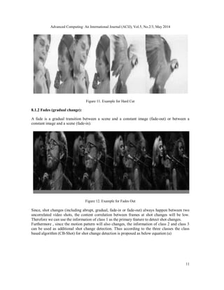 Advanced Computing: An International Journal (ACIJ), Vol.5, No.2/3, May 2014
11
Figure 11. Example for Hard Cut
8.1.2 Fades (gradual change):
A fade is a gradual transition between a scene and a constant image (fade-out) or between a
constant image and a scene (fade-in).
Figure 12. Example for Fades Out
Since, shot changes (including abrupt, gradual, fade-in or fade-out) always happen between two
uncorrelated video shots, the content correlation between frames at shot changes will be low.
Therefore we can use the information of class 1 as the primary feature to detect shot changes.
Furthermore , since the motion pattern will also changes, the information of class 2 and class 3
can be used as additional shot change detection. Thus according to the three classes the class
based algorithm (CB-Shot) for shot change detection is proposed as below equation (a)
 