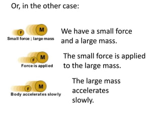 Or, in the other case:We have a small force and a large mass.The small force is applied to the large mass.The large mass accelerates slowly.