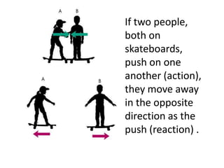 If two people, both on skateboards, push on one another (action), they move away in the opposite direction as the push (reaction) .
