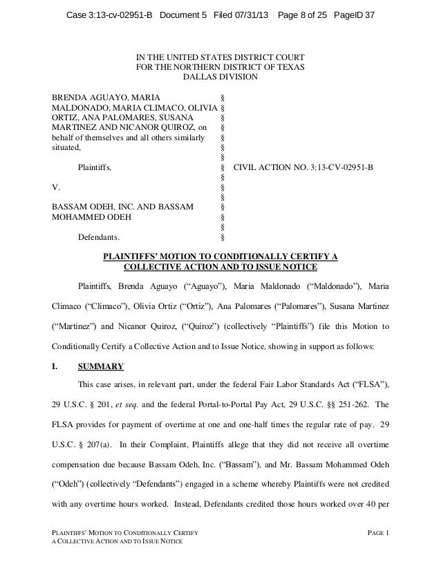 motion to conditionally certify a collective action and to issue noti notice of hearing form texas