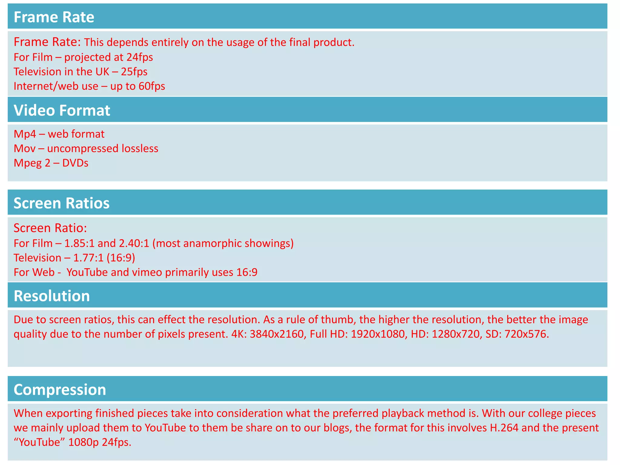Screen Ratios
Screen Ratio:
For Film – 1.85:1 and 2.40:1 (most anamorphic showings)
Television – 1.77:1 (16:9)
For Web - YouTube and vimeo primarily uses 16:9
Resolution
Due to screen ratios, this can effect the resolution. As a rule of thumb, the higher the resolution, the better the image
quality due to the number of pixels present. 4K: 3840x2160, Full HD: 1920x1080, HD: 1280x720, SD: 720x576.
Frame Rate
Frame Rate: This depends entirely on the usage of the final product.
For Film – projected at 24fps
Television in the UK – 25fps
Internet/web use – up to 60fps
Video Format
Mp4 – web format
Mov – uncompressed lossless
Mpeg 2 – DVDs
Compression
When exporting finished pieces take into consideration what the preferred playback method is. With our college pieces
we mainly upload them to YouTube to them be share on to our blogs, the format for this involves H.264 and the present
“YouTube” 1080p 24fps.
 