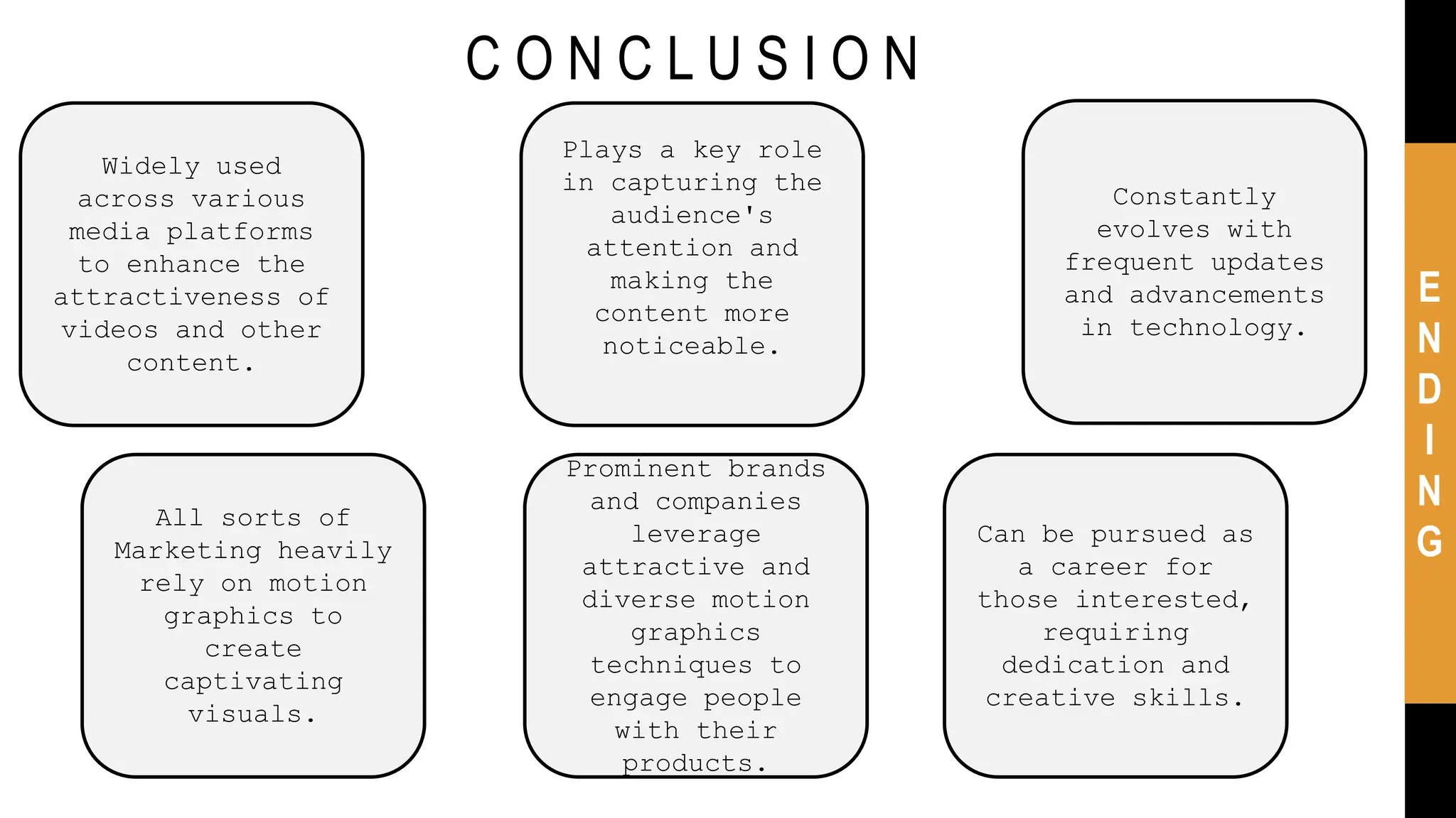 C O N C L U S I O N
E
N
D
I
N
G
Widely used
across various
media platforms
to enhance the
attractiveness of
videos and other
content.
Plays a key role
in capturing the
audience's
attention and
making the
content more
noticeable.
Constantly
evolves with
frequent updates
and advancements
in technology.
All sorts of
Marketing heavily
rely on motion
graphics to
create
captivating
visuals.
Prominent brands
and companies
leverage
attractive and
diverse motion
graphics
techniques to
engage people
with their
products.
Can be pursued as
a career for
those interested,
requiring
dedication and
creative skills.
 