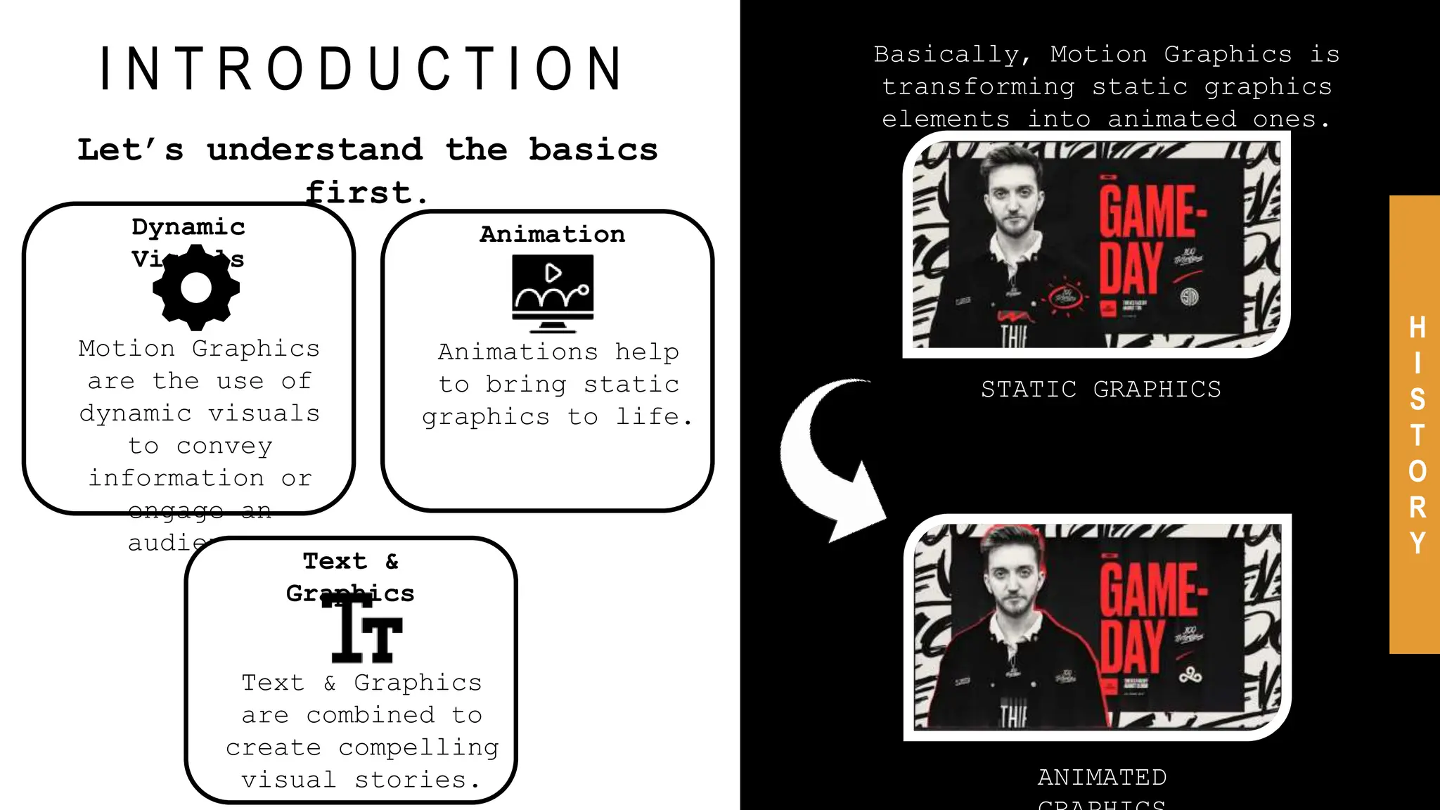 I N T R O D U C T I O N
H
I
S
T
O
R
Y
STATIC GRAPHICS
ANIMATED
Basically, Motion Graphics is
transforming static graphics
elements into animated ones.
Dynamic
Visuals
Motion Graphics
are the use of
dynamic visuals
to convey
information or
engage an
audience.
Animation
Animations help
to bring static
graphics to life.
Text &
Graphics
Text & Graphics
are combined to
create compelling
visual stories.
Let’s understand the basics
first.
 