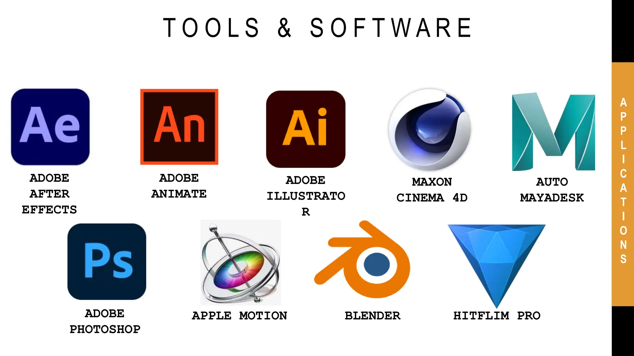 T O O L S & S O F T W A R E
ADOBE
AFTER
EFFECTS
ADOBE
ANIMATE
ADOBE
ILLUSTRATO
R
MAXON
CINEMA 4D
AUTO
MAYADESK
ADOBE
PHOTOSHOP
APPLE MOTION BLENDER HITFLIM PRO
A
P
P
L
I
C
A
T
I
O
N
S
 