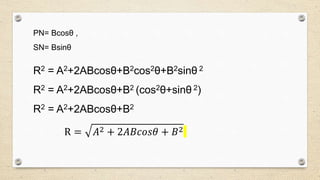 R2 = A2+2ABcosθ+B2cos2θ+B2sinθ 2
R2 = A2+2ABcosθ+B2 (cos2θ+sinθ 2)
R2 = A2+2ABcosθ+B2
R = 𝐴2 + 2𝐴𝐵𝑐𝑜𝑠𝜃 + 𝐵2
PN= Bcosθ ,
SN= Bsinθ
 