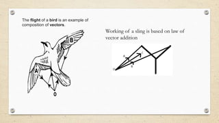 The flight of a bird is an example of
composition of vectors.
Working of a sling is based on law of
vector addition
 