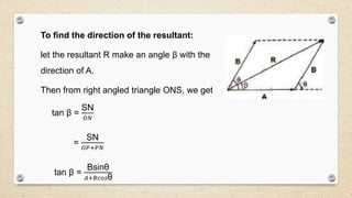 To find the direction of the resultant:
let the resultant R make an angle β with the
direction of A.
Then from right angled triangle ONS, we get
tan β =
SN
𝑂𝑁
=
SN
𝑂𝑃+𝑃𝑁
tan β =
Bsinθ
𝐴+𝐵𝑐𝑜𝑠θ
 