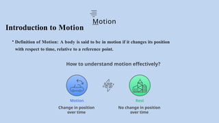 Motion
Introduction to Motion
• Definition of Motion: A body is said to be in motion if it changes its position
with respect to time, relative to a reference point.
Motion
Change in position
over time
How to understand motion effectively?
Rest
No change in position
over time
 