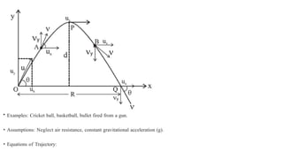 • Examples: Cricket ball, basketball, bullet fired from a gun.
• Assumptions: Neglect air resistance, constant gravitational acceleration (g).
• Equations of Trajectory:
 