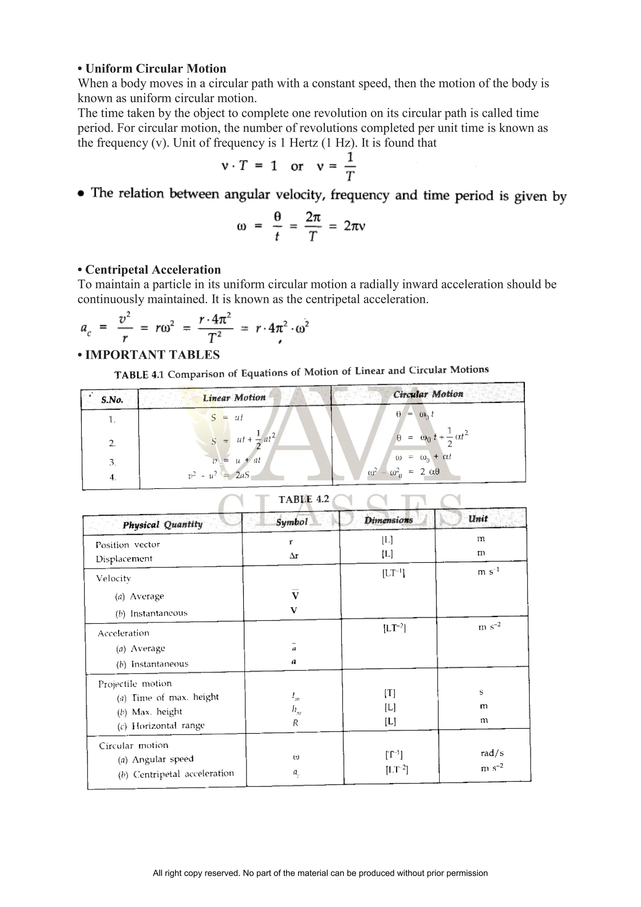 • Uniform Circular Motion
When a body moves in a circular path with a constant speed, then the motion of the body is
known as uniform circular motion.
The time taken by the object to complete one revolution on its circular path is called time
period. For circular motion, the number of revolutions completed per unit time is known as
the frequency (v). Unit of frequency is 1 Hertz (1 Hz). It is found that
• Centripetal Acceleration
To maintain a particle in its uniform circular motion a radially inward acceleration should be
continuously maintained. It is known as the centripetal acceleration.
• IMPORTANT TABLES
All right copy reserved. No part of the material can be produced without prior permission
 