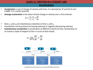 CLASS 11- MOTION IN A STAIGHT LINE
Acceleration
• Acceleration is rate of change of velocity with time. It is denoted by ‘a’ and the SI unit
is m/s2. it is a vector quantity.
• Average acceleration is the ration of total change in velocity over a time interval.
• Here v1 and v2 are instantaneous velocities at time t1 and t2.
• Acceleration can be positive (increasing velocity) or negative (decreasing velocity).
• Instantaneous acceleration is acceleration at different instants of time. Acceleration at
an instant is slope of tangent to the v-t curve at that instant.
 