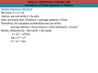 CLASS 11- MOTION IN A STAIGHT LINE
Derivation of Third Equation of Motion
Simple Algebraic Method
We have, v = u + at.
Hence, we can write t = (v-u)/a
Also, we know that, Distance = average velocity × Time
Therefore, for constant acceleration we can write:
Average velocity = (final velocity + initial velocty)/2 = (v+u)/2
Hence, Distance (s) = [(v+u)/2] × [(v-u)/a]
s = (v² – u²)/2a
2as = v² – u²
v² = u² + 2as
 