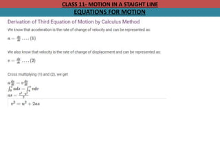 CLASS 11- MOTION IN A STAIGHT LINE
EQUATIONS FOR MOTION
 