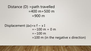 Distance (D) =path travelled
=400 m+500 m
=900 m
Displacement (Δx)=x f − x I
=−100 m + 0 m
=−100 m
=100 m (in the negative x direction)
 