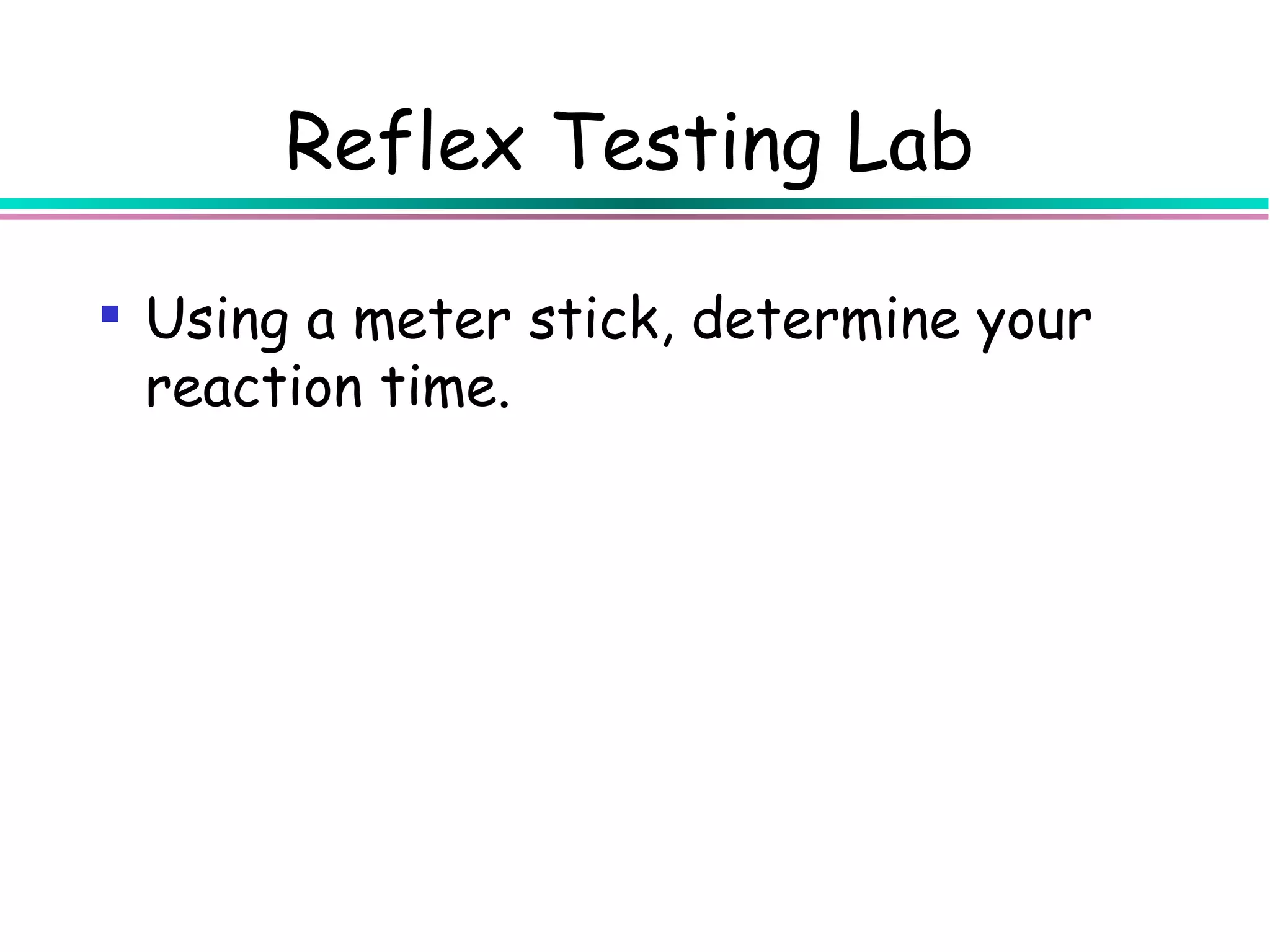 Reflex Testing Lab

 Using a meter stick, determine your
  reaction time.
 
