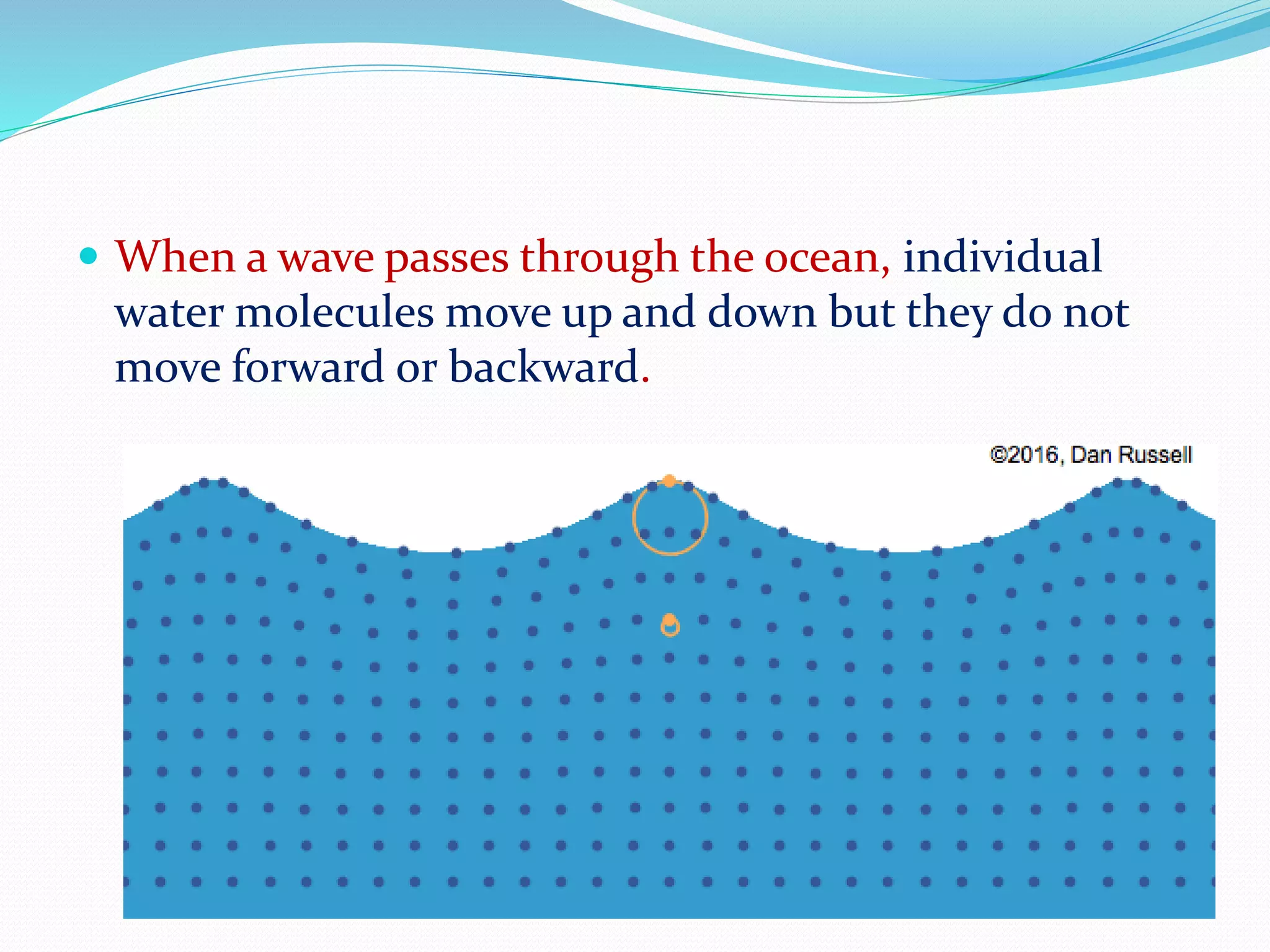  When a wave passes through the ocean, individual
water molecules move up and down but they do not
move forward or backward.
 
