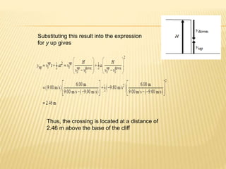 Substituting this result into the expression
for y up gives
Thus, the crossing is located at a distance of
2.46 m above the base of the cliff
 