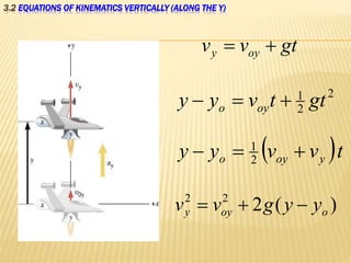 3.2 EQUATIONS OF KINEMATICS VERTICALLY (ALONG THE Y)
gtvv oyy 
2
2
1
gttvyy oyo 
 tvvyy yoyo  2
1
)(222
ooyy yygvv 
 