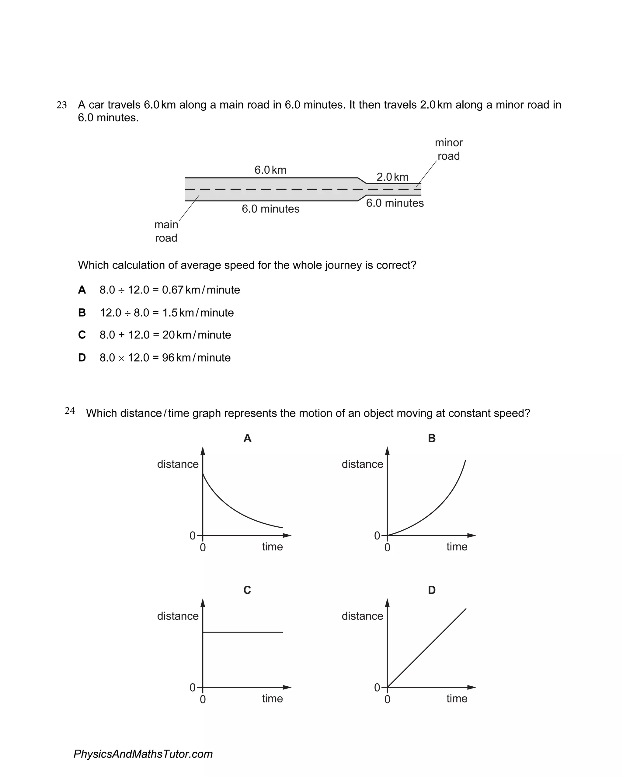 23 A car travels 6.0km along a main road in 6.0 minutes. It then travels 2.0km along a minor road in
6.0 minutes.
main
road
minor
road
6.0km
6.0 minutes
2.0km
6.0 minutes
Which calculation of average speed for the whole journey is correct?
A 8.0 ÷ 12.0 = 0.67km/minute
B 12.0 ÷ 8.0 = 1.5km/minute
C 8.0 + 12.0 = 20km/minute
D 8.0 × 12.0 = 96km/minute
24 Which distance/time graph represents the motion of an object moving at constant speed?
A
0
0
distance
time
B
0
0
distance
time
C
0
0
distance
time
D
0
0
distance
time
PhysicsAndMathsTutor.com
 
