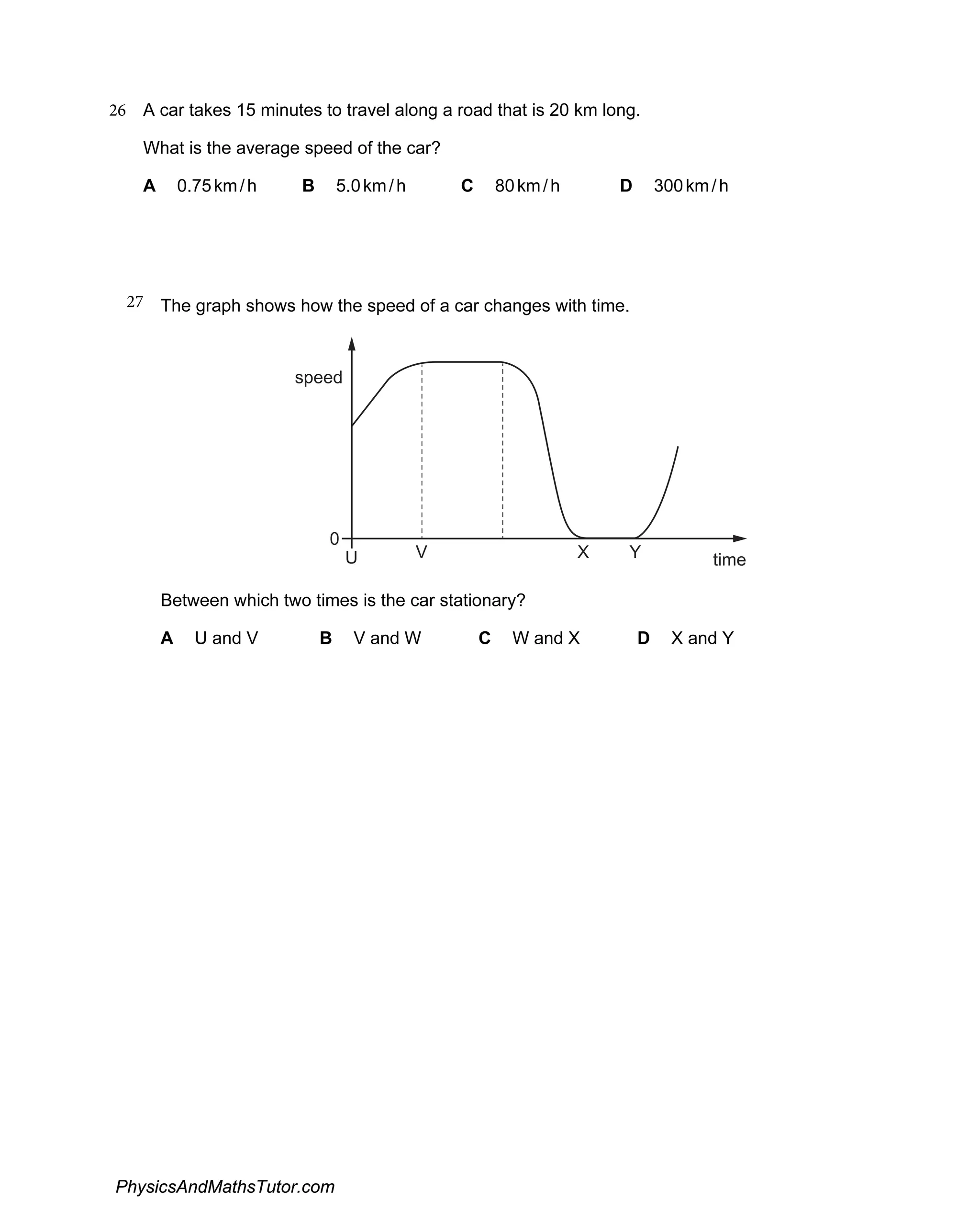 26 A car takes 15 minutes to travel along a road that is 20 km long.
What is the average speed of the car?
A 0.75km/h B 5.0km/h C 80km/h D 300km/h
27 The graph shows how the speed of a car changes with time.
speed
U V X Y time
0
Between which two times is the car stationary?
A U and V B V and W C W and X D X and Y
PhysicsAndMathsTutor.com
 