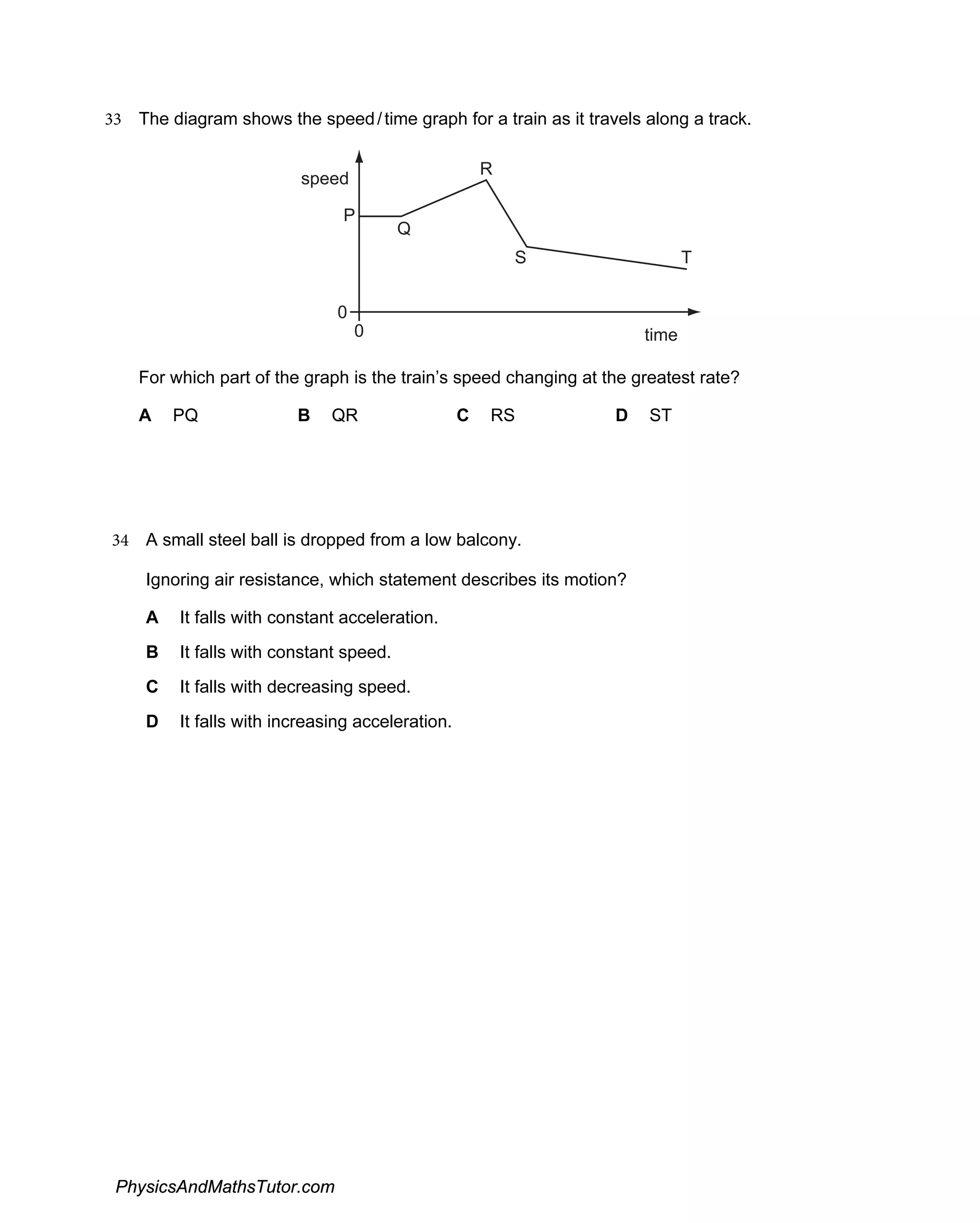 33 The diagram shows the speed/time graph for a train as it travels along a track.
0
0
speed
time
P
Q
R
S T
For which part of the graph is the train’s speed changing at the greatest rate?
A PQ B QR C RS D ST
34 A small steel ball is dropped from a low balcony.
Ignoring air resistance, which statement describes its motion?
A It falls with constant acceleration.
B It falls with constant speed.
C It falls with decreasing speed.
D It falls with increasing acceleration.
PhysicsAndMathsTutor.com
 