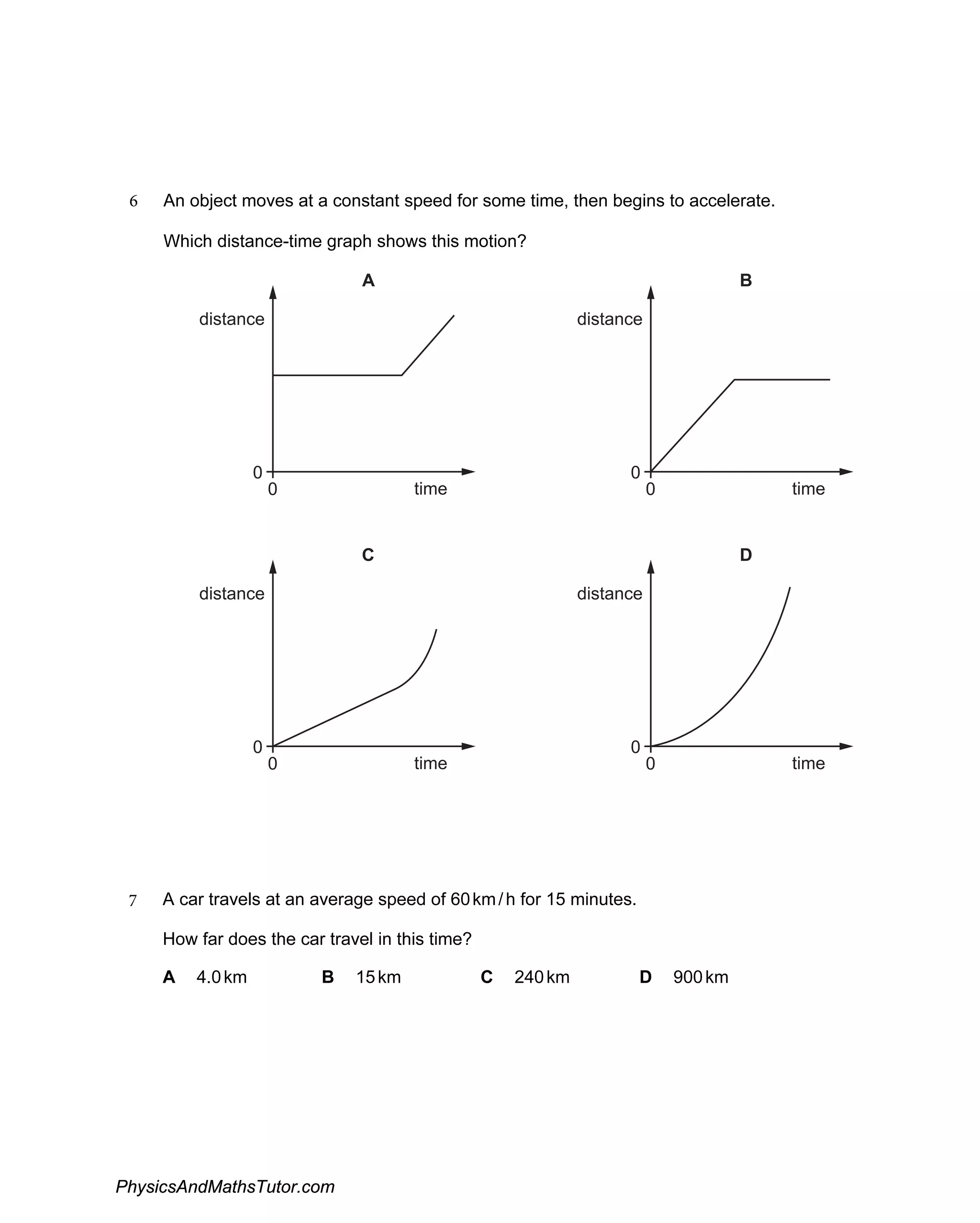 6 An object moves at a constant speed for some time, then begins to accelerate.
Which distance-time graph shows this motion?
distance
time
0
0
A
distance
time
0
0
B
distance
time
0
0
C
distance
time
0
0
D
7 A car travels at an average speed of 60km/h for 15 minutes.
How far does the car travel in this time?
A 4.0km B 15km C 240km D 900km
PhysicsAndMathsTutor.com
 