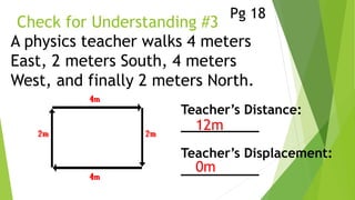 Check for Understanding #3
A physics teacher walks 4 meters
East, 2 meters South, 4 meters
West, and finally 2 meters North.
Teacher’s Distance:
__________
Teacher’s Displacement:
__________
12m
0m
Pg 18
 