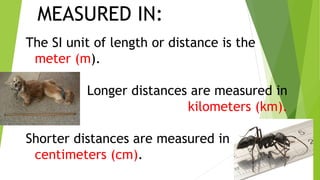 The SI unit of length or distance is the
meter (m).
Longer distances are measured in
kilometers (km).
Shorter distances are measured in
centimeters (cm).
MEASURED IN:
 