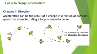Changes in Direction
Acceleration can be the result of a change in direction at constant
speed, for example, riding a bicycle around a curve.
3 ways to change acceleration:
 