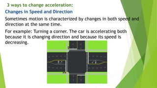 Changes in Speed and Direction
Sometimes motion is characterized by changes in both speed and
direction at the same time.
For example: Turning a corner. The car is accelerating both
because it is changing direction and because its speed is
decreasing.
3 ways to change acceleration:
 
