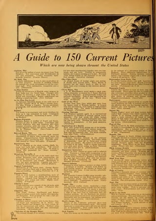 s»
A Guide to 150 Current Pictures
Which are now being shown thruout the United States
l
Alaskan, The
Not up to the caliber of story we expect from Tom
Meighan. Too convenient and old-fashioned in
plot and treatment. Carries wonderful back-
grounds, however. {Famous Players)
Air Mail, The
A timely mtelodrama in that it uses an air-plane as
its chief property. Records in thrilling fashion
the exploits of a crook determined to rob the over-
head mail. Wins redemption, recognition and a
wife. {Paramount)
As Man Desires
Traces the adventures of English army surgeon in
East India and the South Seas. Charged with
murder, he becomes a pearl fisher and finds ro-
mance and tranquillity. Rather complicated but
offering a satisfying hour. {First National)
As No Man Has Loved
An elaborate historical drama of the early days of
America founded on E. E. Hale's famous story.
The Man Without a Country. Strong patriotism
propaganda, well handled and well done. {Fox) —
E. V. B.
Babbitt
Too wordy in its treatment and never develops the
story as it was contained in book. Characters
somewhat indefinite. Interesting in spots. (War-
ner Brothers)
Barbara Frietchie
Presents flashes of conflict of North and South,
founded on play of same name. Customary plot
reveals Northern hero and Southern girl —with
romance sweeping aside the song of hate. Has
several dramatic scenes, fair action —and fine act-
ing by Florence Vidor. (Ince- Producers Dis-
tributing Corp.)
Beloved Brute, The
An exciting melodrama, this—one built around
regeneration of fighter who eventually meets his
master. Characterization finely developed—and
situations carry convincing note. Title-role color-
fully played by Victor McLaglen. (Vilagraph)
Boomerang, The
Not so amusing as the stage version, chiefly be-
cause cast lacks light comedians. Well treated
and manages to hold up fairly well. All about a
doctor who prescribes for "Heart troubles."
(Schulberg)
Broadway Butterfly, A
Sets forth the oft-told tale of the rustic maid who
strikes Broadway —and after encountering the
inevitable "men about town" teaches them a les-
son in deportment and morals. Hackneyed of
plot, but quite appetizing. Capable cast here —
headed by Dorothy Devore. {Warner Brothers)
Capital Punishment
Melodrama of the better kind. George Hacka-
thorne and Clara Bow add to their laurels. Grip-
ping and thrilling. (Schulberg- Preferred) —E. V.B.
Captain Blood
Tells in vivid fashion a swashbuckling story of
piracy on the high seas during the seventeenth
century. Adapted from Sabatini's novel and is
saturated with action and color. Highly enter-
taining. (Vitagraph)
Charley's Aunt
A side-splitting farce comedy of the old style, with
Sydney Chaplin as the aunt. (Producers Dis-
tributing Corp.) —E. V. B.
Charmer, The
Pola Negri, Wallace MacDonald and Robert
Frazer in rather a poor story, replete with improba-
ble situations. Well produced but only a fair pic-
ture. (Paramount) —E. V. B.
Cheaper to Marry
Excellent society comedy with Lewis Stone, Con-
rad Nagel and Marguerite de la Motte. One
couple marries and prospers: the other couple de-
fies the conventions and suffers. Brilliant titles
and clever direction make this play exceedingly
interesting. (Melro-Goldwyn i
Christine of the Hungry Heart
The eternal triangle of an unhappy woman longing
6
Gi.
for love after matrimonial tragedies with two hus-
bands and one lover. Treated in sympathetic
fashion, tho it serves nothing new in plot. Florence
Vidor brings feeling to the character of the title.
Fair enough. (Ince-Firsl National)
Chu Chin Chow
An alleged drama of foreign origin and setting.
It should have stayed there. Betty Blythe is
featured but she hasn't much to offer in this.
Dont waste your evening on this tiresome picture.
(Wilcox)
Clean Heart, The
A. S. M. Hutchinson's novel makes a most com-
pelling photoplay as treated by J. Stuart Blackton
and Percy Marmont. Is exceptionally human and
perfectly intelligible. Tells of man conquering his
worries. Appealing all the way. Worth your
while. (Vitagraph)
Code of the West
Another from Zane Grey which gets away from
the beaten track of Western heroics. Is treated
with fine naturalness, there being no high-pressure
melodrama used. The timid cow-puncher wins
the flapper. (Paramount)
Coming Through
Tom Meighan appears again in a conventional
melodrama—a triumph of courage against heavy
obstacles. The star needs the bright human
pieces, for there are several luminaries who could
put this story over. Obvious and slow—tho con-
vincing _ in atmosphere. A few good moments.
(Paramount)
Confessions of a Queen
Even with Lewis Stone giving one of his inimita-
ble portrayals of a royal ruler, picture doesn't rise
to the heights. Certainly not another "Zenda."
Best with its humorous side. Too much restraint
from Alice Terry. (Melro-Goldwyn)
Daddy's Gone a-Hunting
—Doesn't convince because of the arbitrary
manipulation of the characters. The father, tiring
of domesticity, runs off to Paris—and returns
without any amours. He comes to his senses after
the death of his child. Fails to extract sympathy
even with such clever acting as Percy Marmont
and .Alice Joyce give it. (Melro-Goldwyn)
Dangerous Innocence
"Ann's an Idiot" shapes up pretty well in celluloid
form. Features a young girl's awakening to the
call of romance. She emerges into a woman during
a cruise from Liverpool to Bombay, but discovers
the man has had a love affair with her mother.
Well handled considering the slight material.
Pleasant diversion. ( Universal)
Dante's Inferno
Presents in vivid fashion a sermon on what befalls
a worshiper of wealth. Modern story linked up
with graphic scenes of the Inferno as Dante and
Dore conceived them. A real novelty, pictorially
satisfying. (Fox)
Declasse
The beautiful Corinne Griffith gives breadth, sub-
stance and charm to this Ethel Barrymore play.
An effective drama which follows the original
pretty faithfully. Cumbersome in spots. Neatly
mounted. (First National)
Denial, The
The parental conflict theme, employing a domi-
neering mother who brings tragedy into her daugh-
ter's life by compelling her to marry a man she
doesn't like. The daughter appear? first as having
a child of her own—and is confronted with the
identical problem. By the flashback the modern
mother appreciates the sin of too much interference.
Interesting with its atmosphere, but lacking spon-
taneity and conviction. (Melro-Goldwyn)
Devil's Cargo, The
Treats of the California gold-rush days—and
treats it in vivid melodramatic style. The central
figures are a young editor and a girl who are driven
out of Sacramento. They come back in style.
Sustained action. (Paramount)
Dick Turpin
Tom Mix hangs up his chaps and bedecks himself
in the raiment of a chivalrous knight of Merrie
England. Plays celebrated highwayman in ttf
Fairbanks manner. Stirring incident, enjoyabld
humor—and romance makes this a likely picture*
Check it off and see it. (Fox)
Dressmaker from Paris, The
If you like fashion shows, very well. Leatrice Joy
in a poor part in a poor show. Ernest Torrence in
new garb. Mildred Harris and Allan Forrest sup-
porting. (Paramount) —E. V. B.
Dynamite Smith
Charles Ray returns to type of story that made
him popular. Plays again the role of a timid youth
who overcomes cowardice when goaded by venge-
ful brute and under spell of romance. Well done
with plenty of physical and mental conflict.
Rugged entertainment. (Incc-Pathe)
Enticement
A frank exposition adapted from an equally frank
novel depicting the folly of fanning the love of an
old affection after one has become married. Em-
phasizes the "new freedom." Not for the chil-
dren. (First National)
Excuse Me
Rupert Hughes' story and stage success makes i
capital light comedy—one which exploits the ad-^
venture of an eloping couple—who when thejj
board a train encounter all kinds of trotlUM
Plenty of high jinks—and plenty of laughs. Bert
Roach as a drunk in an upper berth steals the act-
ing honors. (Melro-Goldwyn)
Feet of Clay
This is a Cecil B. De Mille production—the story
of which is overwhelmed by the backgrounds and
appointments. Has a romance and a series of
counterplots—and exploits a flapper wife in search
of jazz. (Paramount)
Female, The
Betty Compson in South African surroundings.
Unhappily married to a native of the veld, she does
not discourage the attentions of an Englishman
arriving on the scene, and we have the too familiar
triangle situation again, with the Englishman
triumphing. Noah Beery, as the Boer, does best
acting. Picture only fair. (Paramount)
Fifth Avenue Models
The Cinderella pattern again —done with first-rats
sentiment and heart appeal. Working girl dis-
covers a Prince Charming who saves her from dis-
grace. The human touches make it fairly convinc-
ing. Enjoyable. ( Universal)
Find Your Man
A deceptively titled melodrama woven around,
youth and his dog in a lumber camp: not a Xorth-
west Mounted story, but the tale of a dog's loyally
to his master thru thick and thin. Rin-Tin-TiM
makes an otherwise tedious melodrama interesting
by uncanny intelligence. (Warner Brothers)
Folly of Vanity
Picturizes a fantastic dream of a woman who be-l
comes conscience-stricken when pursued by a
wealthy bounder. She descends to Neptune's
domains and takes us on a colorful cruise. ThH
moral poorly brought out. Lavish without much
meaning. Has photographic appeal. (Fox)
Fool, The
Does not score its points except at intervals. Lacks
simplicity, the plot being complicated with capitafl
versus labor conflict. Fails to generate the bS
heart touch. Well-produced and acted with siitl
cerity. (Fox)
Fools in the Dark
Here is a picture which pokes fun at old-fashioned,
serious melodrama. The paid kidnappers, the mafl
scientist, the oily Hindu, the young adventure-
seeker, his fiancee —they are all here, amid come^H
settings. Matt Moore, Patsy Ruth Miller and
Tom Wilson excellent. A good mixture of thrij
and comedy. (F. B. 0.)
Forbidden Paradise
A sophisticated modern romance dealing with m
fictional queen whose greatest weakness is men!
Pola Negri as the alluring queen is the best she hgj
yet been in an American-made film. Well sum
J
 