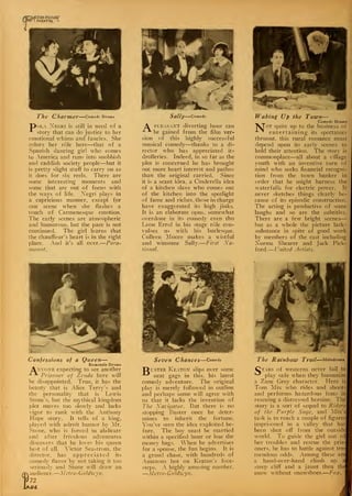 HMOTION PICTURp
riOl I MAGAZINE L
The Charmer Comedy Drama
"P>ola Negri is still in need of a
A story that can do justice to her
emotional whims and fancies. She
colors her role here—that of a
Spanish dancing girl who comes
to America and runs into snobbish
and caddish society people—but it
is pretty slight stuff to carry on as
it does for six reels. There are
some interesting moments and
some that are out of focus with
the ways of life. Negri plays in
a capricious manner, except for
one scene when she flashes a
touch of Carmenesque emotion.
The early scenes are atmospheric
and humorous, but the pace is not
continued. The girl learns that
the chauffeur's heart is in the right
place. And it's all over.
—
Para-
mount.
Sally Comedy
A pleasant diverting hour can
-*•*-
be gained from the film ver-
sion of this highly successful
musical comedy—thanks to a di-
rector who has appreciated its
drolleries. Indeed, in so far as the
plot is concerned he has brought
out more heart interest and pathos
than the original carried. Since
it is a scant idea, a Cinderella idea
of a kitchen slave who comes out
of the kitchen into the spotlight
of fame and riches, those in charge
have exaggerated its high jinks.
It is an elaborate opus, somewhat
overdone in its comedy even tho
Leon Errol in his stage role con-
vulses us with his burlesque.
Colleen Moore makes a wistful
and winsome Sally.
—
First Xa-
tional.
Waking Up the Town—
Comedy Drama
"^J"ot quite up to the business of
"*-^ entertaining its spectators
thruout, this rural romance must
depend upon its early scenes to
hold their attention. The storv is
commonplace—all about a village
youth with an inventive turn of
mind who seeks financial recogni-
tion from the town banker in
order that he might harness the
waterfalls for electric power. It
never sketches things clearly be-
cause of its episodic construction.
The acting is productive of some
laughs and so are the subtitles,
There are a few bright scenes
—
but as a whole the picture lack?
substance in spite of good work
by members of the cast including
Norma Shearer and Jack Pick-
ford.—United Artists.
I
Confessions of a Queen—
Romantic Drama
Anyone expecting to see another
* *- Prisoner of Zcnda here will
be disappointed. True, it has the
beauty that is Alice Terry's and
the personality that is Lewis
Stone's, but the mythical kingdom
plot moves too slowly and lacks
vigor to rank with the Anthony
Hope story. It tells of a king,
played with adroit humor by Mr.
Stone, who is forced to abdicate
and after frivolous adventures
discovers that he loves his queen
best of all. Victor Seastrom, the
director, has appreciated its
comedy flavor by not taking it too
seriously and Stone will draw an
audience.
—
Mctro-Goldzvyn.
72
as.
Seven Chances—Comedy
"Duster Keaton slips over some
neat gags in this, his latest
comedy adventure. The original
play is merely followed in outline
and perhaps some will agree with
us that it lacks the invention of
The Navigator. But there is no
stopping Buster once he deter-
mines to inherit the fortune.
You've seen the idea exploited be-
fore. The boy must be married
within a specified hour or lose the
money bags. When he advertises
for a spouse, the fun begins. It is
a grand chase, with hundreds of
Amazons hot on Keaton's foot-
steps. A highly amusing number.
—Metro-Goldii-yn.
The Rainbow Trail Melodrama
C!tars of westerns never fail to
^ play safe when they humanize
a Zane Grey character. Here is
Tom Mix who rides and shoots
and performs hazardous feats in
rescuing a distressed heroine. The
story is a sort of sequel to Riders
of the Purple Sage, and Mix's
task is to reach a couple of figures!
imprisoned in a valley that hasl
been shut off from the outside!
world. To guide the girl out of|
her troubles and rescue the pris-
oners, he has to battle against tre-
mendous odds. Among these are
a hand-over-hand climb up
steep cliff and a jaunt thru th<
snow without snowshoes.
—
Fox.
 
