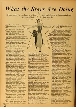 What the Stars Are Doing
A department for the fans, in which
activities of their
Adams, Claire—playing in Kiss
Barrier.
Adoree, Renee—piaying in The Big
Parade.
Agnew, Robert—playing in Private Af-
fairs.
Alden, Macy—playing in The Happy War-
rior.
Alexander, Ben—playing in Haunted Hands.
Allison, Mae—playing in I Want My Man.
Arthur, George K.—playing in Wrath.
Astor, Mary—playing in Don Q.
Ayres, Agnes—playing in The Awful Truth.
Ballin, Mabel—playing in Beauty and the Bad Man.
Barnes, T. Roy—playing in The Crowded Hour.
Barry, Wesley—playing in My Home Town.
Barrymore, Lionel—playing in Children of the Whirl-
wind.
Barthelmess, Richard—playing in Shore Leave.
Baxter, Warner—playing in Welcome Home.
Bayne, Beverly—playing in Eve's Lover.
Bedford, Barbara—playing in The Talkers.
Beery, Noah—playing in The Light of Western
Stars.
Beery, Wallace—playing in In the Name of Love.
Bellamy, Madge—playing in Lightnin'.
Bennett, Alma—playing in The Light of Western
Stars.
Bennett, Belle—playing in East Lynne.
Bennett, Constance—playing in The Goose
Woman.
Blue, Monte—playing in The Limited Mail.
Blythe, Betty—in Europe, playing in She.
Boardman, Eleanor—playing in The Circle.
Bosworth, Hobart—playing in Winds of Chance.
Bow, Clara—playing in Kiss Me Again.
Bowers, John—playing in Chickie.
Brent, Evelyn—playing in Alias Nora Flynn.
Brian, Mary—pa.yinginTheStreetofForgoltenMen.
Brockwell, Gladys—playing in Chickie.
Bronson, Betty—playing in Are Parents People.
Brook, Cllve—playing in The Home Maker.
Burns, Edmund—playing in The Manicure Girl.
Busch, Mae—playing in Time, The Comedian.
Butler, David—playing in Private Affairs.
they are informed of the present picture
film favorites
I
Caldwell, Orville—latest release, Sackcloth and
Scarlet.
Calhoun, Alice—playing in Everlasting Whispers.
Carey, Harry—playing in The Texas Trail.
Carr, Mary—playing in Some Pumpkins.
Chad wick, Helene—playing in TheGolden Cocoon.
Chaney, Lon—playing in The Unholy Three.
Chaplin, Charles—playing in The Gold Rush.
Chaplin, Sydney—playing in The Man on the Box.
Clayton, Ethel—playing in Lightnin'.
Clifford, Ruth—playing in A Husband's Secret.
Cody, Lew—playing in Nothing lo^Wear.
Collier, Buster, Jr. —playing in The Wanderer.
Colman, Ronald—playing in The Dark Angel.
Compson, Betty—playing in Eve's Secret.
Coogan, Jackie—latest release, The Rag Man.
Cooley, Hallam—playing in Some Pumpkins.
Corbin, Virginia Lee—playing in Lilies of the
Streets.
Cornwall, Ann—playing in Keep Smiling.
Cortez, Ricardo—playing in In the Name ofLove.
Crane, Ward—playing in Hero Stuff.
D'AIgy, Helen—playing in The Exquisite Sinner.
Dana, Viola—playing in Winds of Chance.
Daniels, Bebe—playing in Wild, Wild Girl.
Davies, Marion—latest release, Zander the Great.
Daw, Marjorie—playing in East Lynne.
Dean, Priscilla—playing in The Crimson Runner.
De la Motte, Marguerite—playing in Children
of the Whirlwind.
Dempsey, Jack—playing in Manhattan Madness.
Dempster, Carol—playing in Sally of the Sawdust.
Denny, Reginald—playing in I'll Show You the
Town.
De Roche, Charles—playing inMadameSans-GSne.
De Vore, Dorothy—playing in Bunker Bean.
Dix, Richard—playing in California—or Bust.
Dove, Billie—playing in The Light of Western
Stars.
Dresser, Louise—playing in The Goose Woman.
Earle, Edward—playing in The Lady Who Lied.
Edeson, Robert—playing in Keep Smiling.
Ellis, Robert—playing in Forbidden Cargo.
Fairbanks, Douglas—playing in Don Q.
Fairbanks, Douglas, Jr. —latest release, The Air
Mail.
Faire, Virginia Brown—playing in Friendly
Enemies.
Fawcett, George—playing in The Circle.
Fazenda, Louise—playing in Grounds for Divorce.
Fellowes, Rockcliffe—playing inRoseoflke World.
Ferguson, Casson—playing in Cobra.
Flynn, Maurice B. —piaying in Speed Wild.
Ford, Harrison—playing in The Marriage Whirl.
Forrest, Alan—playing in Rose of the World.
Francis, Alec B.—playing in Rose of the World.
Francisco, Betty—playing in Private Affairs.
Frazer, Robert—playing in The Charmer.
Fuller, Dale—playing in The Woman Hater.
Garon, Pauline—playing in Rose of the World.
Gendron, Pierre—playing in The Scarlet Honey-
moon.
Gibson, Hoot—playing in'The Daughter ofthe Dons.
Gilbert, John—playing in The Big Parade.
Gillingwater, Claude—playing in Winds of
Chance.
Gish, Dorothy—playing in NightLifeof New York.
Gish, Lillian—latest release, Romola.
Glass, Gaston—playing in Every Woman's Secret.
Gordon, Huntly—playing in TheGolden Cocoon.
Goudal, Jetta—playing in The Spaniard.
Gowland, Gibson—playing in The Phantom of
the Opera.
Griffith, Corinne—playing in Classified.
Griffith, Raymond—playing in The Night Club.
Hackathorne, George—playing in Night Life of
New York.
Haines, William—playing in Patsy.
Hale, Alan—playing in Tainted Souls.
Hale, Creighton—playing in The Circle.
Hamilton, Mahlon—playing in Idaho.
Hamilton, Neil—playing in The Street of Forgotten
Men.
Hammerstein, Elaine—playing in The Romance
of an Actress.
Hammond, Harriet—playing in Man and Maid.
Hampton, Hope—-playing in Fifty-Fifty.
Harlan, Kenneth—playing in Bobbed Hair.
Harris, Mildred—playing in The Unknown Lover.
Harron, Johnnie—playing in The Woman Hater.
Hart,William S. —reported returningtothescreen.
Hatton, Raymond
—
playinginlnthe Name ofLove.
Haver, Phyllis—playing in After Business Hours.
Hawley, Wanda—playing in American Pluck.
Hay, Mary—playing in New Toys.
Hearne, Edward—latest release, As No Man Has
Loved.
Herbert, Holmes E.—playing in Wildfire.
Hlers, Walter—playing in Sweet Cookie.
Hines, Johnny—playing in The Cracker-Jack.
Holmes, Stuart—playing in The Romance of an
Actress.
Holmqulst, Slgrid—-playing in The Cracker-Jack.
Holt, Jack—playing in The Light of Western Stars.
Hopper, Hedda—playing in The Teaser.
Howard, Frances—playing in The Shock Punch.
Hoxie, Jack—playing in The Demon.
Hughes, Lloyd—playing in Peacock Feathers.
Hunter, Glenn—playing in The Little Giant.
Johnston, Julanne—playing in The Prude's Fall.
Jones, Charles—playing in Hearts and Spurs.
Joy, Leatrice—playing in Hell's Highroad.
Joyce, Alice—playing in The
Home Maker.
Joyce, Peggy Hopkins—playing in
The Sky Rocket.
Keaton, Buster—latest release, Seven
Chances.
Keith, Ian—playing in Are Parents People.
Kennedy, Madge—playing in Lying Wives.
Kenyon, Doris—playing in The Half-Way Girl.
Kerry, Norman—playing in Loraine of the Lions.
Key, Kathleen—playing in Ben Hur.
Klrkwood, James—latest release, The Top of the World.
Kosloff, Theodore—playing in The Beggar on Horseback.
Lake, Alice—playing in The Fast Pace.
La, Marr, Barbara—playing in The White Monkey.
Landis, Cullen—playing in Peacock Feathers.
Langdon, Harry—playing in Boobs in the Wood.
La Plante, Laura—playing in The Teaser.
La Rocque, Rod—playing in Wild, Wild Girl.
La Verne, Lucille—playing in Wrath.
Lee, Lila—playing in Old Home Week.
Lewis, Mitchell—playing in Ben Hur.
Livingston, Margaret—playing in I'll Show You
the Town.
Lloyd, Harold—playing in Rah. Rah, Rahl
.Logan, Jacqueline—playing in Peacock Feath-
ers.
Long, Walter—playing in Soul-Fire.
Louis, WUIard—playing in Kiss Me Again.
Love, Bessie—playing in Soul-Fire.
Lowe, Edmund—playing in The Kiss Barrier.
Lyon, Ben—playing in Winds of Chance.
Lytell, Bert—playing in Eve's Lover.
MacDonald, J. Farrell —playing in Lightnin'
.
MacDonald, Katherine—playing in The Power
of Darkness.
Mackaill, Dorothy—playing in The Making of
O'Malley.
MacLean, Douglas—latest release, Introduce Me.
Marlowe, June—playing in Below the Line.
Marmont, Percy—playing in The Street of For-
gotten Men.
Marsh, Mae—playing in Tides of Passion.
Marshall, Tully—playing in Winds of Chance.
Mason, Shirley—playing in The Talkers.
Mayo, Frank—playing in The Unknown Lover.
McAvoy, May—playing in Ben Hur.
McDonald, Wallace—playing in The Charmer.
McGrail, Walter—playing in The Teaser.
McGregor, Malcolm—playing in The Circle.
McLaglen, Victor—playing in Winds of Chance.
Meighan, Thomas—playing in Old Home Week.
Menjou, Adolphe—playing in Lost—A Wife.
Merriam, Charlotte—playing in Steele of the
Royal Mounted.
Miller, Patsy Ruth—playing in Rose of the World.
Mills, Alyce—playing in Faint Perfume.
Mix, Tom—playing in The Everlasting Whisper.
Moore, Colleen—playing in The Desert Flower.
Moore, Matt—playing in Grounds for Divorce.
Moore, Owen—playing in Go Straight
Moore, Tom—playing in The Sky-Rocket
Moreno, Antonio—playing in Mare Nostrum.
Morey, Harry T.—playing in Heart of a Siren.
Mulhall, Jack—playing in She Wolves.
Murphy, Edna—playing in The Little Giant.
Murray, Mae—playing in The Merry Widow.
Myers, Carmel—playing in Ben Hur.
Myers, Harry—playing in Grounds for Divorce.
Nagel, Conrad—playing in Wrath.
Naldi, Nita—playing in The Marriage Whirl.
Nazlmova—playing in My Son.
Negri, Pola—playing in The Charmer.
Nilsson, Anna O-—playing in Winds of Chance.
Nlssen, Greta—playing in Lost—A Wife.
Nixon, Marion—playing in I'll Show You the Town.
Novak, Jane—playing in The Prude's Fall.
Novarro, Ramon—playing in Ben Hur.
-playing in Graustark.
playing in Once to Every Man.
playing in The Pace-Makers
O'Brien, Eugene
O'Brien, George-
O'Hara, George
Series.
Oland, Warner—playing in Don Q.
Olmstead, Gertrude—playing in Cobra.
O'Malley, Pat—playing in The White Desert.
O'Neil, Sally—playing in Patsy.
Owen, Seena—playing in Faint Perfume.
Percy, Eileen—playing in Cobra.
Peters, House—playing in The Titans.
Philbin, Mary—playing in The Prince.
Pickford, Jack—playing in The Goose Woman.
Pickford, Mary—piaying in Little Annie Rooney.
Pitts, Zasu—playing in Pretty Ladies.
Prevost, Marie—playing in Bobbed Hair.
Pringle, Alleen—playing in The Mystic.
92
oe.
 