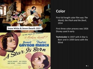 32
Color
First full length color film was The
World, the Flesh and the Devil,
1914
First three color process was 1926
Disney used it early
Technicolor in 1937 with A Star is
Born and in 1939 Gone with the
Wind
   
Snow White & Seven Dwarfs 1937
 
