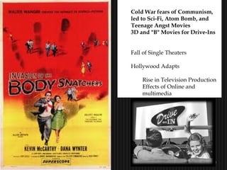 34
Cold War fears of Communism,
led to Sci-Fi, Atom Bomb, and
Teenage Angst Movies
3D and "B" Movies for Drive-Ins
Fall of Single Theaters
Hollywood Adapts
Rise in Television Production
Effects of Online and
multimedia
 