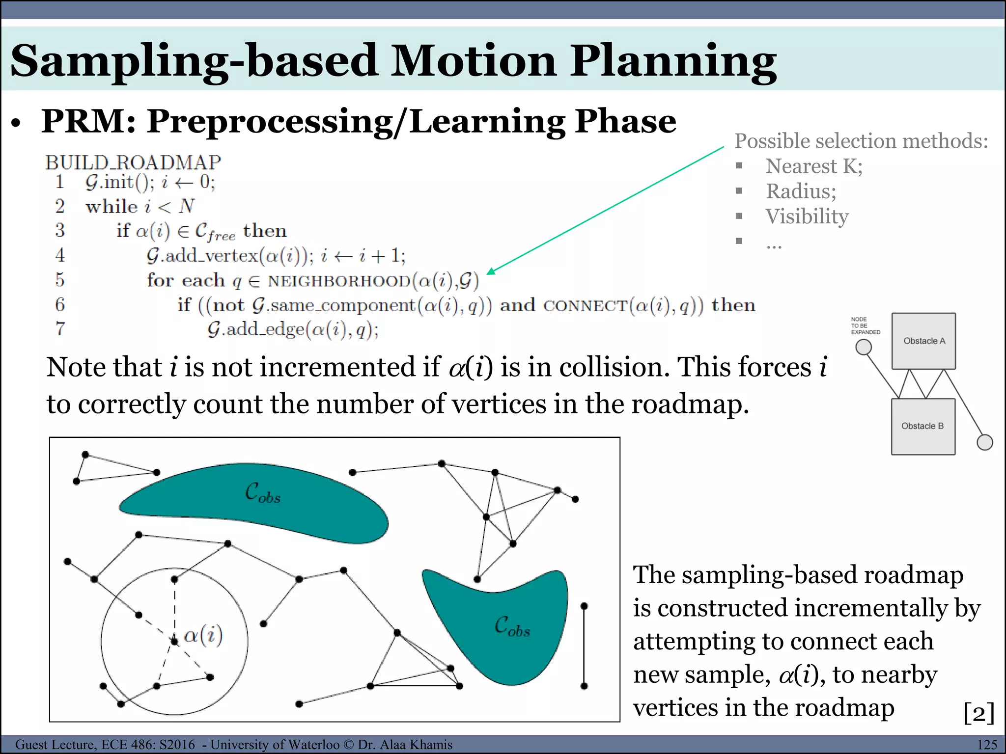 125Guest Lecture, ECE 486: S2016 - University of Waterloo © Dr. Alaa Khamis
Sampling-based Motion Planning
• PRM: Preprocessing/Learning Phase
The sampling-based roadmap
is constructed incrementally by
attempting to connect each
new sample, (i), to nearby
vertices in the roadmap
Note that i is not incremented if (i) is in collision. This forces i
to correctly count the number of vertices in the roadmap.
[2]
Possible selection methods:
 Nearest K;
 Radius;
 Visibility
 …
 
