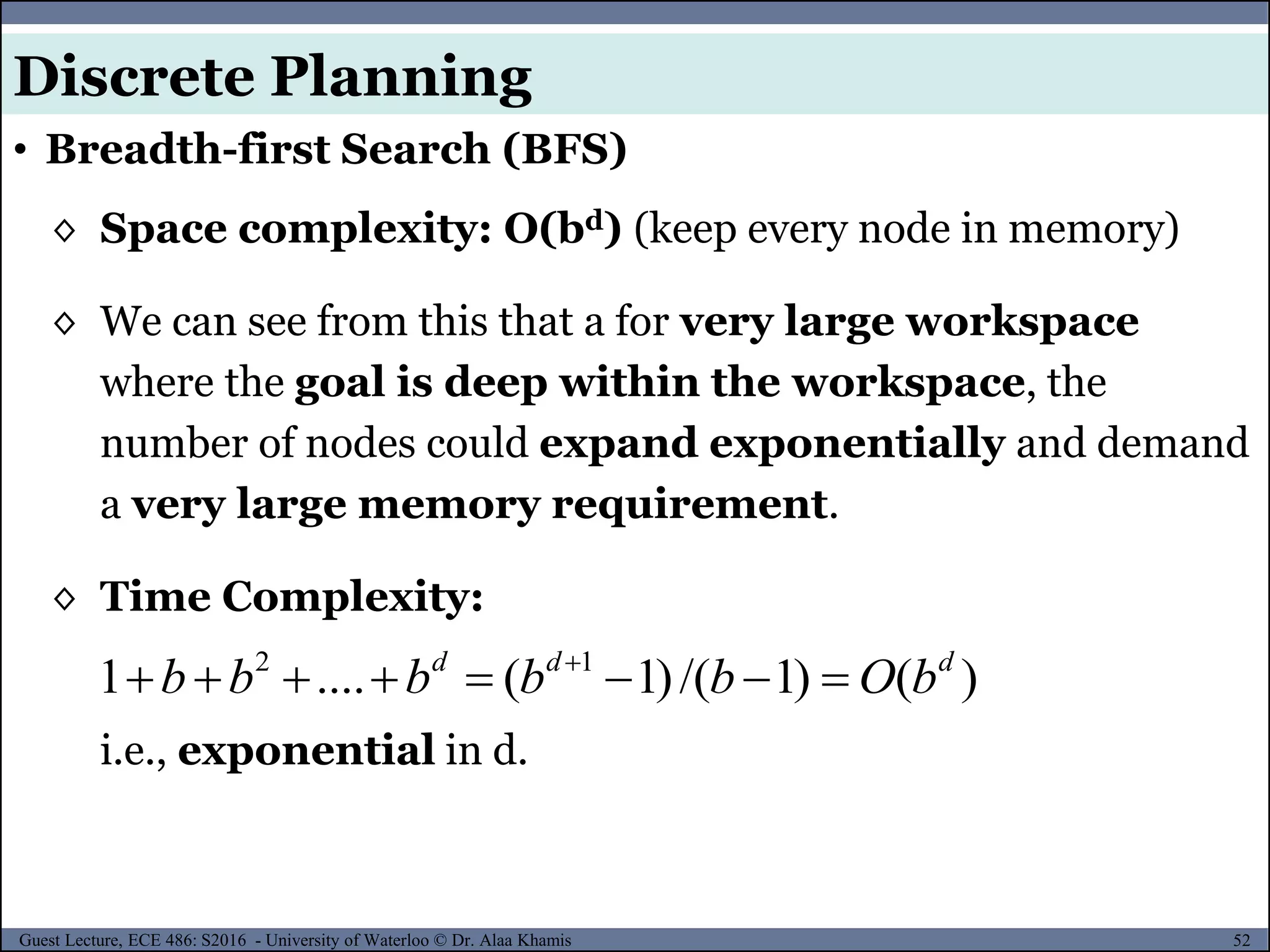 52Guest Lecture, ECE 486: S2016 - University of Waterloo © Dr. Alaa Khamis
◊ Space complexity: O(bd) (keep every node in memory)
◊ We can see from this that a for very large workspace
where the goal is deep within the workspace, the
number of nodes could expand exponentially and demand
a very large memory requirement.
◊ Time Complexity:
i.e., exponential in d.
2 1
1 .... ( 1)/( 1) ( )d d d
b b b b b O b
       
• Breadth-first Search (BFS)
Discrete Planning
 