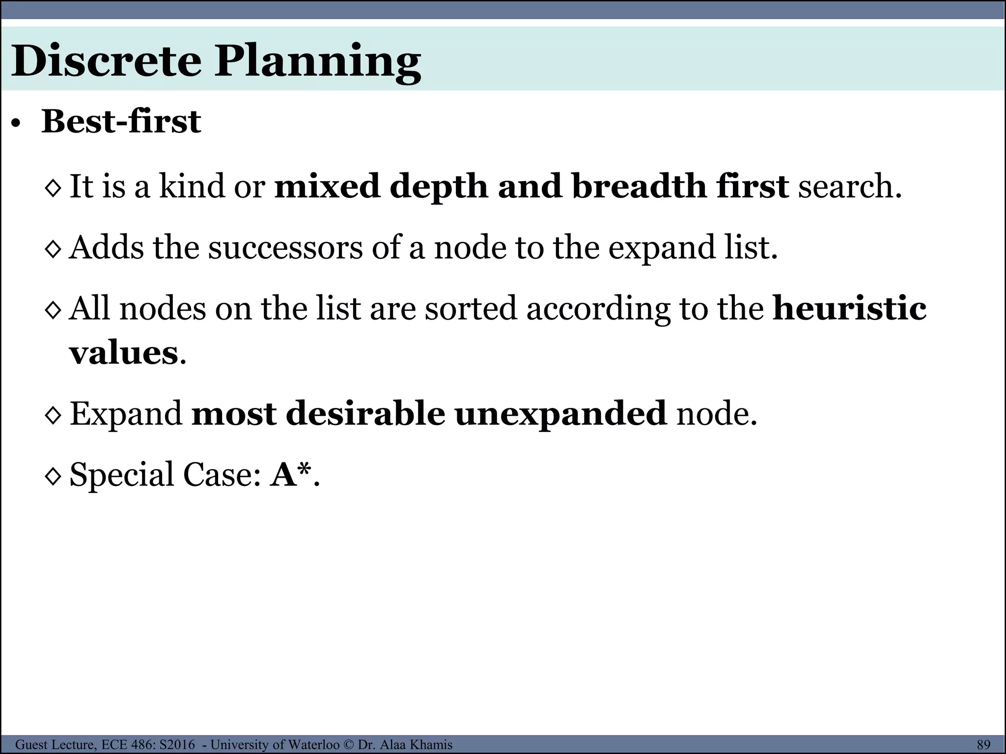 89Guest Lecture, ECE 486: S2016 - University of Waterloo © Dr. Alaa Khamis
◊ It is a kind or mixed depth and breadth first search.
◊ Adds the successors of a node to the expand list.
◊ All nodes on the list are sorted according to the heuristic
values.
◊ Expand most desirable unexpanded node.
◊ Special Case: A*.
• Best-first
Discrete Planning
 