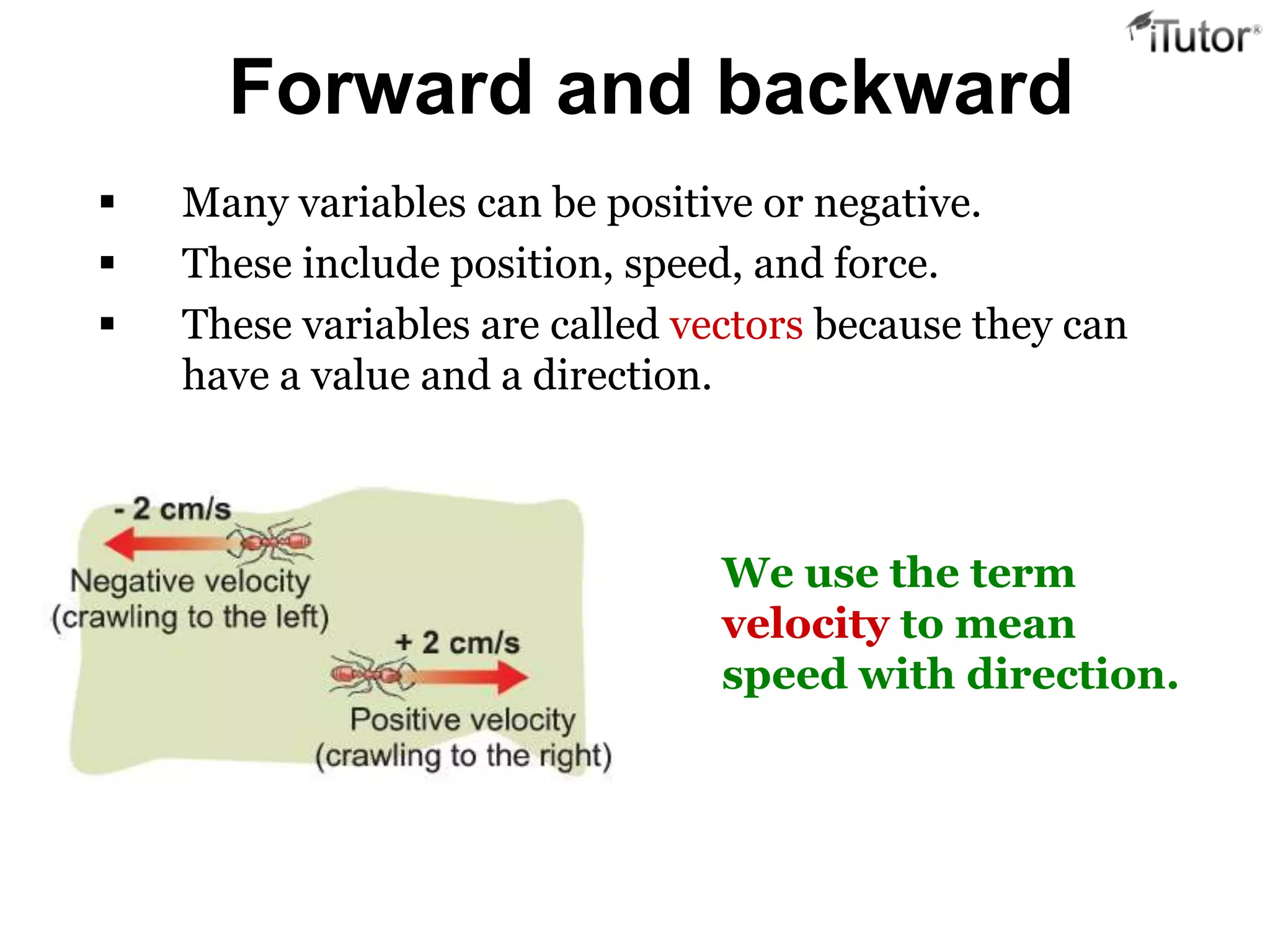Forward and backward
   Many variables can be positive or negative.
   These include position, speed, and force.
   These variables are called vectors because they can
    have a value and a direction.



                                 We use the term
                                 velocity to mean
                                 speed with direction.
 