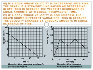 III) IF A BODY WHOSE VELOCITY IS DECREASING WITH TIME,
THE GRAPH IS A STRAIGHT LINE HAVING AN DECREASING
SLOPE. THIS IS BECAUSE THE VELOCITY DECREASES BY
EQUAL AMOUNTS WITH EQUAL INTERVALS OF TIME.
IV) IF A BODY WHOSE VELOCITY IS NON UNIFORM, THE
GRAPH SHOWS DIFFERENT VARIATIONS. THIS IS BECAUSE
THE VELOCITY CHANGES BY UNEQUAL AMOUNTS IN EQUAL
INTERVALS OF TIME.
20
40
Time (s)
Velocity(ms-1)
X
10
30
5
0
10 15 20
20
40
Time (s)
Velocity(ms-1)
X
10
30
50 10 15 20
Velocity – time graph for a uniformly
decelerated motion
Velocity – time graph for
non uniform acceleration
Y
Y
 