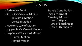 REVIEW
• Reference Point
• Aristotle’s View of Motion
Terrestrial Motion
Celestial Motion
. Newton’s Law of Motion
. Hipparchus’s View of Motion
. Copernicus’s View of Motion
Diurnal Motion
Annual Motion
.
Brahe’s Contribution
. Kepler’s Law of
Planetary Motion
Law of Ellipses
Law of Equal Areas
Law of Harmonies
 
